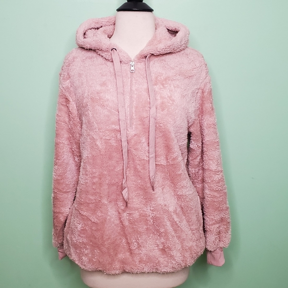 Pink Fuzzy Hoodie Pullover Sweatshirt - Picture 2 of 7
